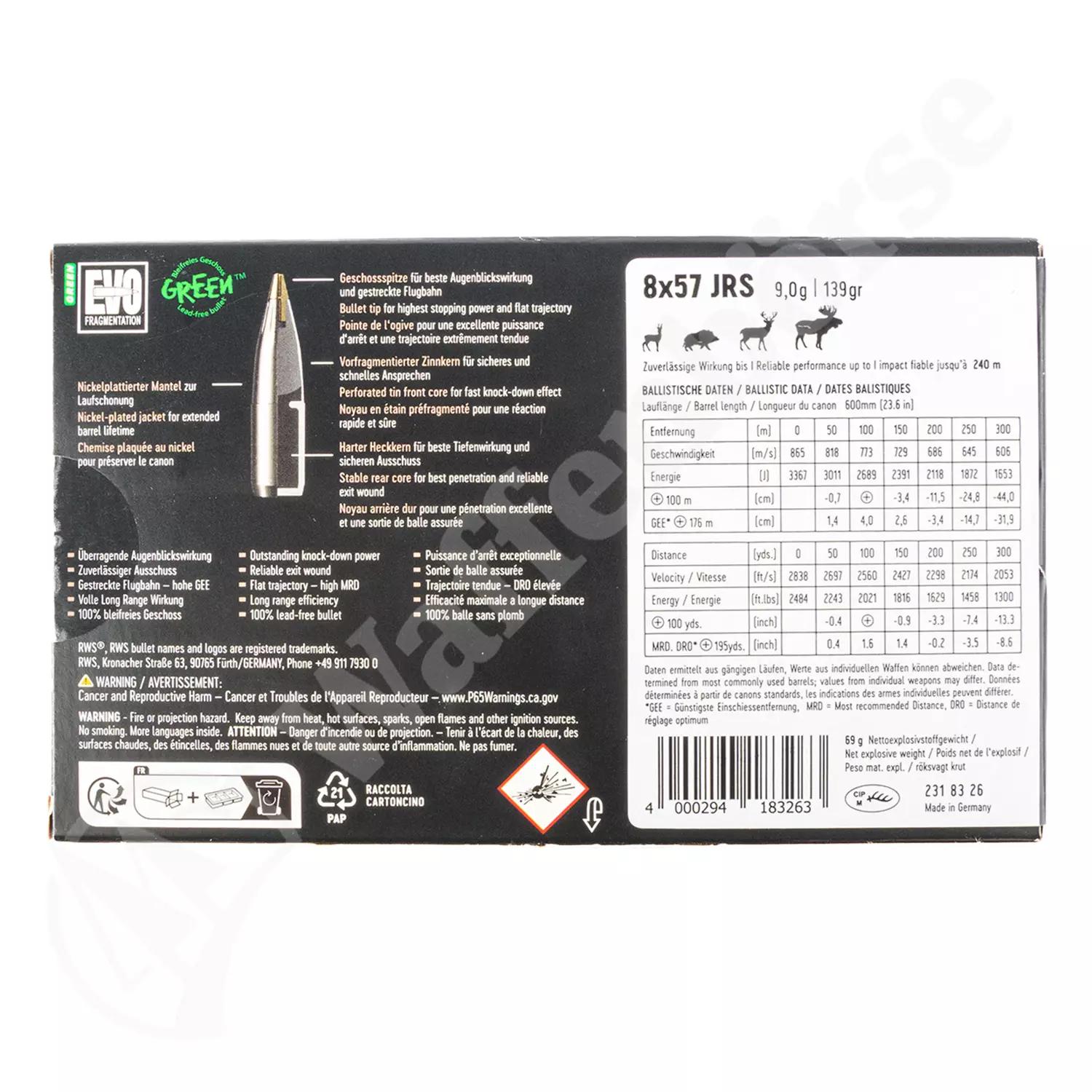 RWS 8x57IRS EVO Green 9.0g 139grs Bleifrei